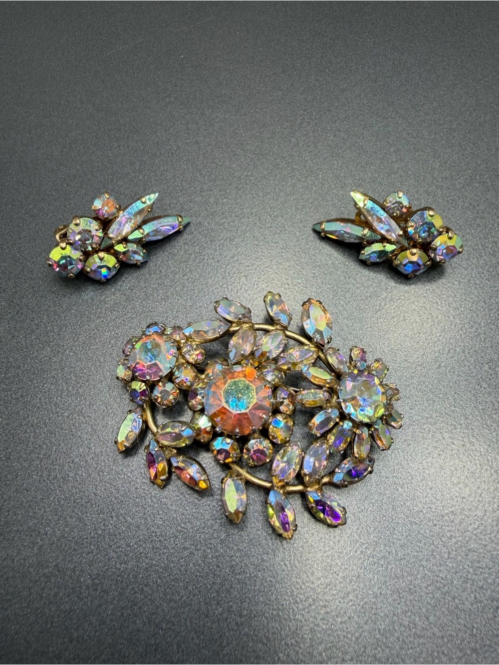Vintage Sherman Aurora Borealis Crystal Floral Brooch and Clip-On Earrings Set
